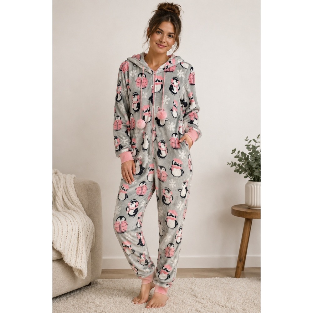 Munki Munki Penguin Fleece One Piece Pajamas Women Small Gray Pink Winter Sleep